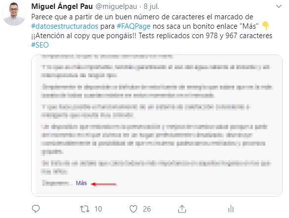 Tweet sobre el Leer más en FAQPage Snippet @miguelpau