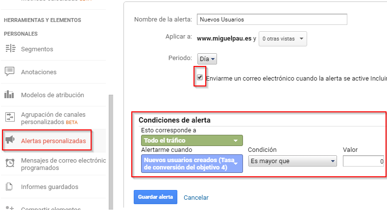 Configurar Alerta personalizada Google Analytics
