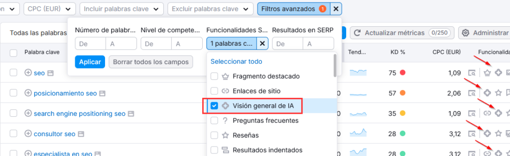 Keyword Magic Tool de Semrush filtrado por resultados de AI Overviews