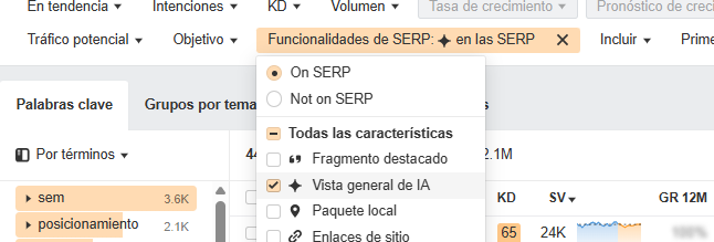 Keywords Explorer de Ahrefs filtrado por resultados de AI Overviews